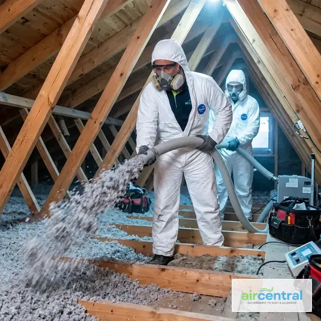 Illustrative image of an Air Central crew installing attic insulation